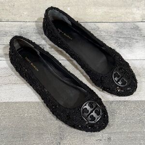 TORY BURCH CHELSEA TWEED BALLET FLAT IN PERFECT BLACK - SZ - 7.US